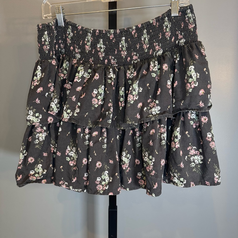 Aerie Floral Tiered Mini Skirt Smocked Waist Boho Cottagecore Large - Picture 3 of 7